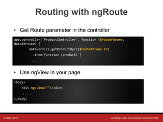 © LDEX, 2015 JavaScript Open Day Montreal, November 2015
Routing with ngRoute
• Get Route parameter in the controller
• Use ngView in your page
<body>
<div ng-view=""></div>
. . .
</body>
index.html
app.controller('ProductController', function ($routeParams,
dataService) {
dataService.getProductById($routeParams.id)
.then(function (product) {
. . .
products.js
 
