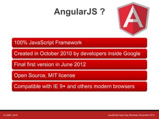 © LDEX, 2015 JavaScript Open Day Montreal, November 2015
AngularJS ?
100% JavaScript Framework
Created in October 2010 by developers inside Google
Final first version in June 2012
Open Source, MIT license
Compatible with IE 9+ and others modern browsers
 