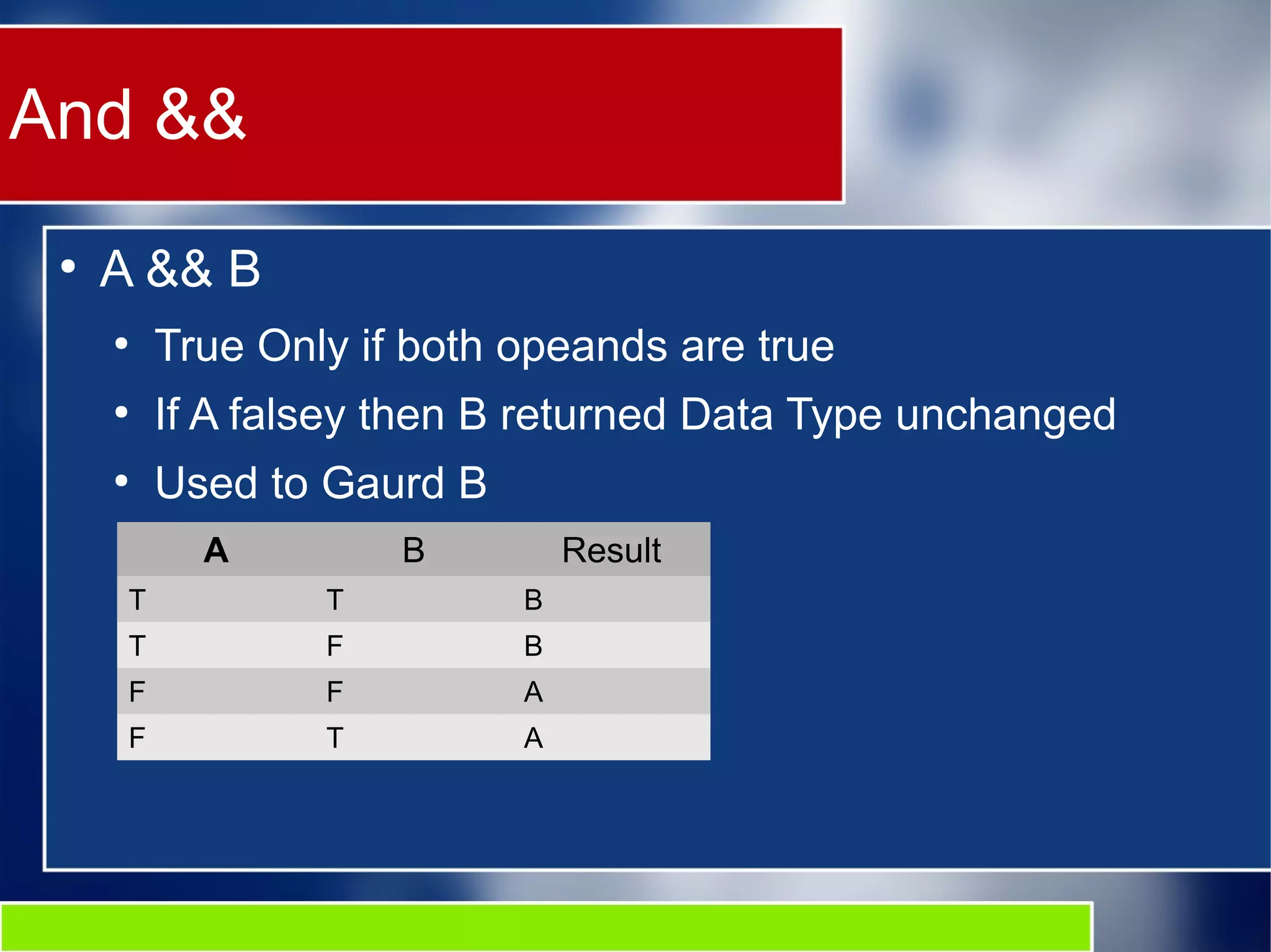 And &&
●
A && B
●
True Only if both opeands are true
●
If A falsey then B returned Data Type unchanged
●
Used to Gaurd B
A B Result
T T B
T F B
F F A
F T A
 