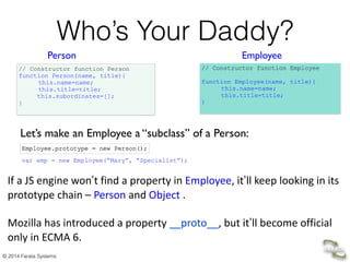 © 2014 Farata Systems
Who’s Your Daddy?
// Constructor function Person
function Person(name, title){
this.name=name;
this.title=title;
this.subordinates=[];
}
// Constructor function Employee
!
function Employee(name, title){
this.name=name;
this.title=title;
}
Person and Employee ses”.
Let’s make an Employee a “subclass” of a Person:
Employee.prototype = new Person();
var emp = new Employee(“Mary”, “Specialist”);
If	
  a	
  JS	
  engine	
  won’t	
  find	
  a	
  property	
  in	
  Employee,	
  it’ll	
  keep	
  looking	
  in	
  its	
  
prototype	
  chain	
  –	
  Person	
  and	
  Object	
  .	

!
Mozilla	
  has	
  introduced	
  a	
  property	
  __proto__,	
  but	
  it’ll	
  become	
  official	
  
only	
  in	
  ECMA	
  6.	
  
 