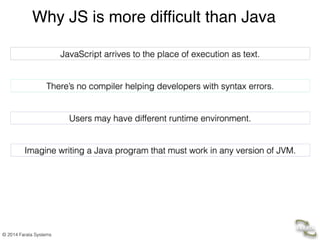 © 2014 Farata Systems
JavaScript arrives to the place of execution as text.
There’s no compiler helping developers with syntax errors.
Users may have different runtime environment.
Imagine writing a Java program that must work in any version of JVM.
Why JS is more difficult than Java
 