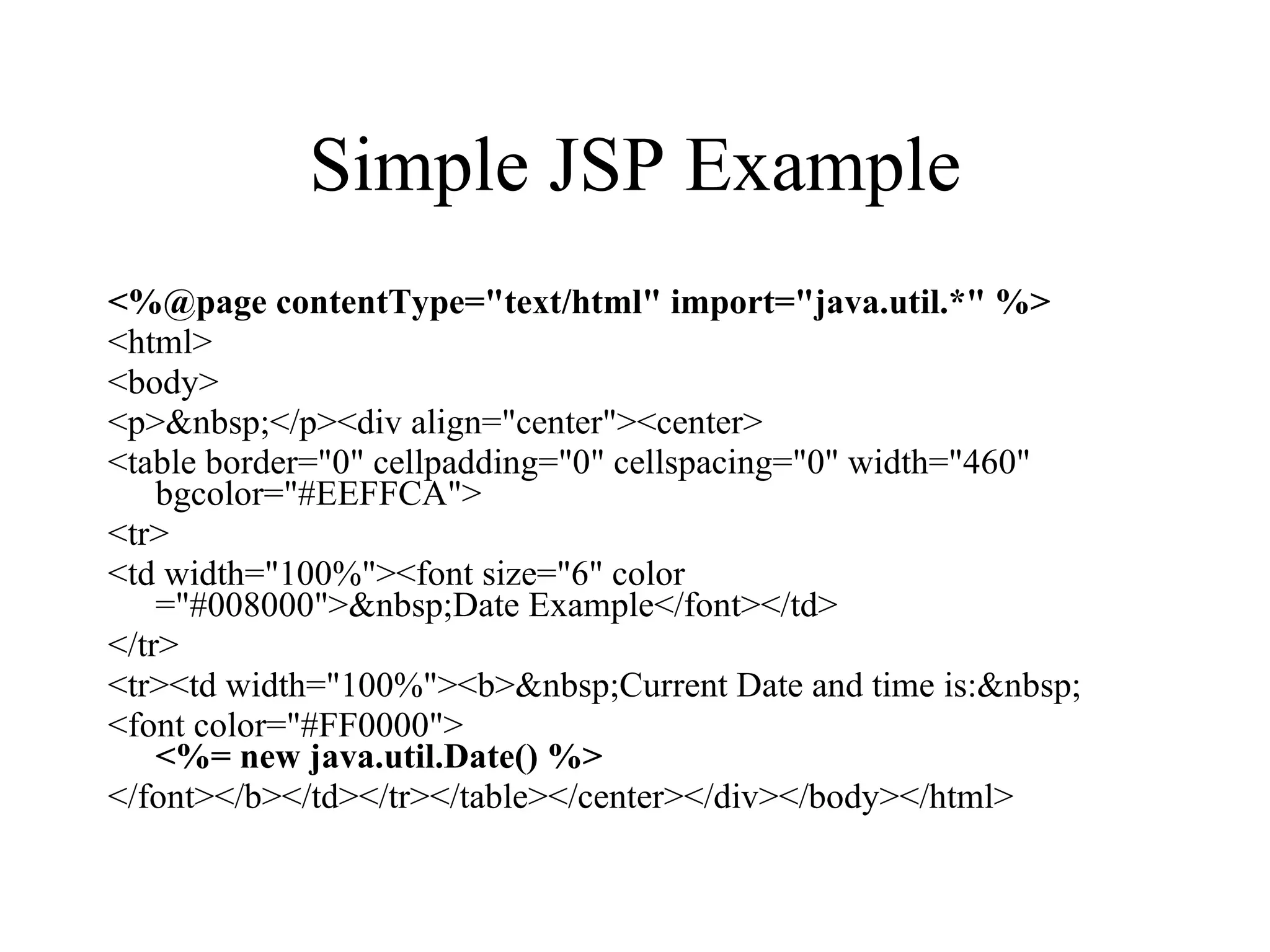 Simple JSP Example <%@page contentType="text/html" import="java.util.*" %>   <html> <body> <p>&nbsp;</p><div align="center"><center> <table border="0" cellpadding="0" cellspacing="0" width="460" bgcolor="#EEFFCA"> <tr> <td width="100%"><font size="6" color ="#008000">&nbsp;Date Example</font></td> </tr> <tr><td width="100%"><b>&nbsp;Current Date and time is:&nbsp;  <font color="#FF0000">  <%= new java.util.Date() %> </font></b></td></tr></table></center></div></body></html> 