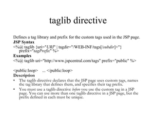 taglib directive Defines a tag library and prefix for the custom tags used in the JSP page.  JSP Syntax <%@ taglib {uri=" URI " | tagdir="/WEB-INF/tags[/ subdir ]+"} prefix=" tagPrefix " %>  Examples <%@ taglib uri="http://www.jspcentral.com/tags" prefix="public" %>  <public:loop>    ... </public:loop>  Description The taglib directive declares that the JSP page uses custom tags, names the tag library that defines them, and specifies their tag prefix.  You must use a taglib directive  before  you use the custom tag in a JSP page. You can use more than one taglib directive in a JSP page, but the prefix defined in each must be unique. 