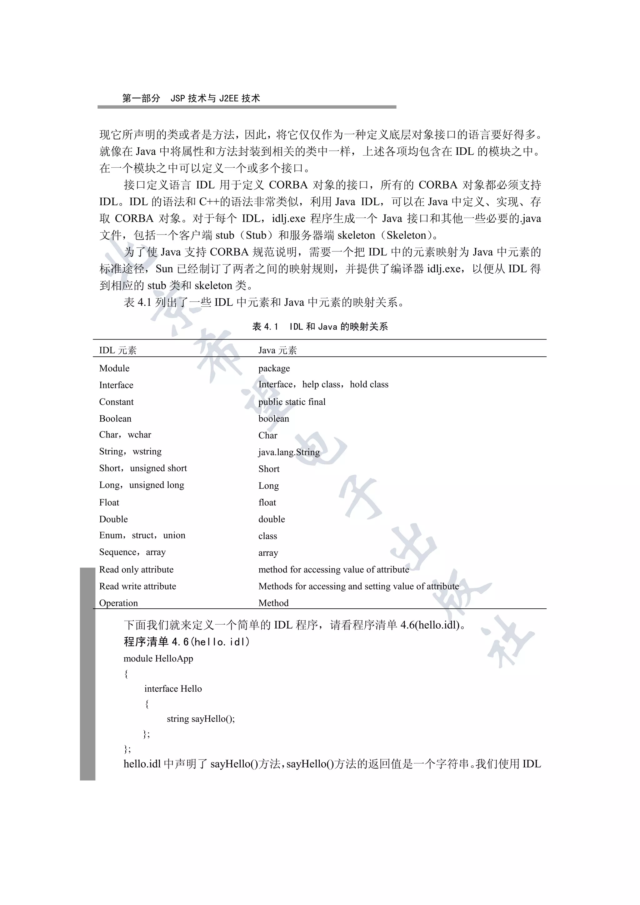 第一部分         JSP 技术与 J2EE 技术


现它所声明的类或者是方法 因此 将它仅仅作为一种定义底层对象接口的语言要好得多
就像在 Java 中将属性和方法封装到相关的类中一样 上述各项均包含在 IDL 的模块之中
在一个模块之中可以定义一个或多个接口
   接口定义语言 IDL 用于定义 CORBA 对象的接口 所有的 CORBA 对象都必须支持
IDL IDL 的语法和 C++的语法非常类似 利用 Java IDL 可以在 Java 中定义 实现 存
取 CORBA 对象 对于每个 IDL idlj.exe 程序生成一个 Java 接口和其他一些必要的.java
文件 包括一个客户端 stub Stub 和服务器端 skeleton Skeleton
   为了使 Java 支持 CORBA 规范说明 需要一个把 IDL 中的元素映射为 Java 中元素的


标准途径 Sun 已经制订了两者之间的映射规则 并提供了编译器 idlj.exe 以便从 IDL 得
到相应的 stub 类和 skeleton 类
   表 4.1 列出了一些 IDL 中元素和 Java 中元素的映射关系
   


                                          表 4.1     IDL 和 Java 的映射关系

IDL 元素                                     Java 元素
                    

Module                                     package
Interface                                  Interface help class hold class
                     

Constant                                   public static final
Boolean                                    boolean
Char     wchar                             Char
                                          

String wstring                             java.lang.String
Short       unsigned short                 Short
Long unsigned long                         Long
                                                       

Float                                      float
Double                                     double
Enum struct         union                  class
                                                                  

Sequence array                             array
Read only attribute                        method for accessing value of attribute
Read write attribute                       Methods for accessing and setting value of attribute
                                                                              

Operation                                  Method

        下面我们就来定义一个简单的 IDL 程序 请看程序清单 4.6(hello.idl)
                                                                                           	

        程序清单 4.6(hello.idl)
        module HelloApp
        {
               interface Hello
               {
                     string sayHello();
               };
        };
        hello.idl 中声明了 sayHello()方法 sayHello()方法的返回值是一个字符串 我们使用 IDL
 