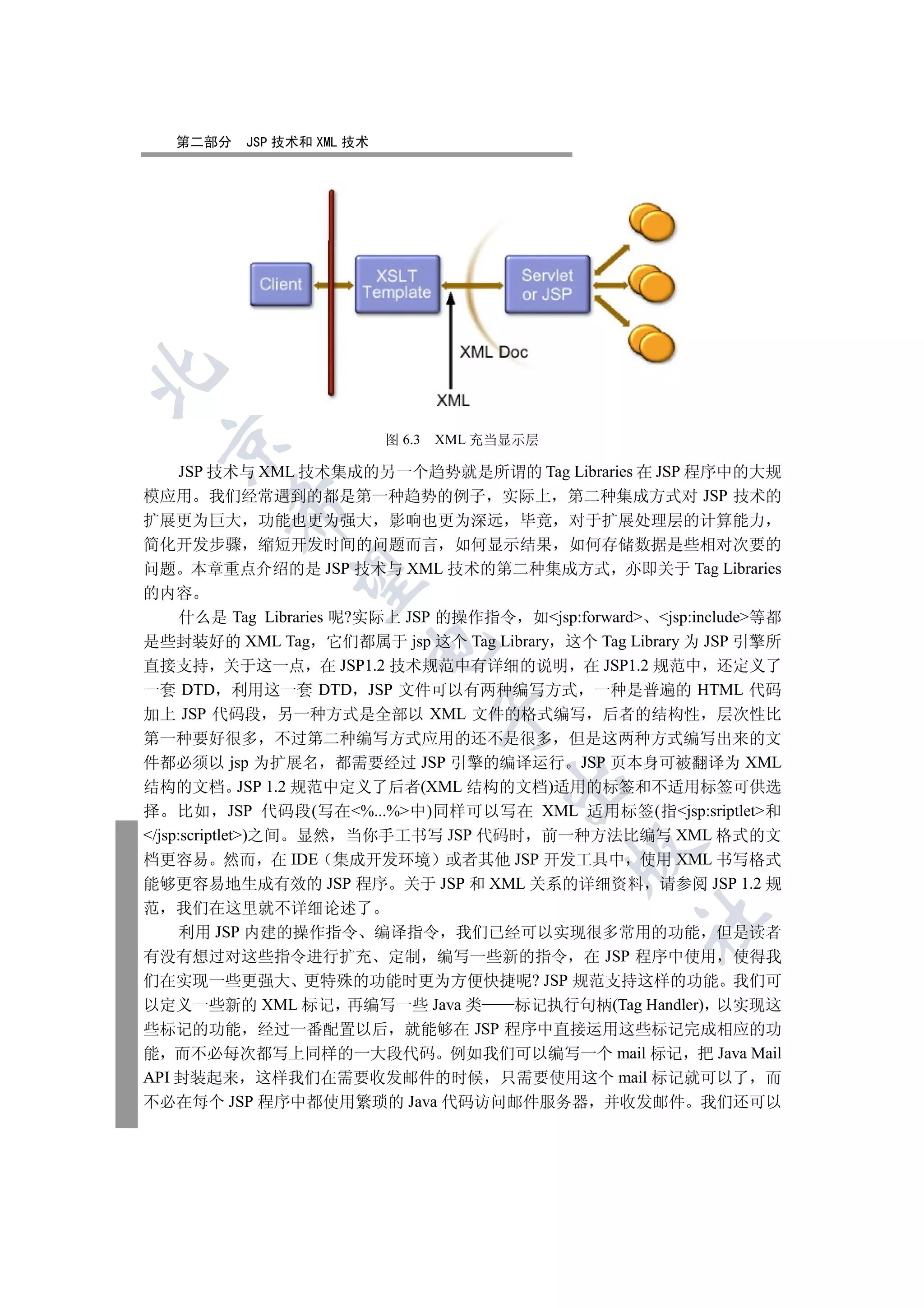 第二部分   JSP 技术和 XML 技术

 

                           图 6.3   XML 充当显示层

  JSP 技术与 XML 技术集成的另一个趋势就是所谓的 Tag Libraries 在 JSP 程序中的大规
模应用 我们经常遇到的都是第一种趋势的例子 实际上 第二种集成方式对 JSP 技术的
         

扩展更为巨大 功能也更为强大 影响也更为深远 毕竟 对于扩展处理层的计算能力
简化开发步骤 缩短开发时间的问题而言 如何显示结果 如何存储数据是些相对次要的
问题 本章重点介绍的是 JSP 技术与 XML 技术的第二种集成方式 亦即关于 Tag Libraries
          

的内容
  什么是 Tag Libraries 呢?实际上 JSP 的操作指令 如jsp:forward jsp:include等都
是些封装好的 XML Tag 它们都属于 jsp 这个 Tag Library 这个 Tag Library 为 JSP 引擎所
                       

直接支持 关于这一点 在 JSP1.2 技术规范中有详细的说明 在 JSP1.2 规范中 还定义了
一套 DTD 利用这一套 DTD JSP 文件可以有两种编写方式 一种是普遍的 HTML 代码
加上 JSP 代码段 另一种方式是全部以 XML 文件的格式编写 后者的结构性 层次性比
                                   

第一种要好很多 不过第二种编写方式应用的还不是很多 但是这两种方式编写出来的文
件都必须以 jsp 为扩展名 都需要经过 JSP 引擎的编译运行 JSP 页本身可被翻译为 XML
                                        

结构的文档 JSP 1.2 规范中定义了后者(XML 结构的文档)适用的标签和不适用标签可供选
择 比如 JSP 代码段(写在%...%中)同样可以写在 XML 适用标签(指jsp:sriptlet和
/jsp:scriptlet)之间 显然 当你手工书写 JSP 代码时 前一种方法比编写 XML 格式的文
                                               

档更容易 然而 在 IDE 集成开发环境 或者其他 JSP 开发工具中 使用 XML 书写格式
能够更容易地生成有效的 JSP 程序 关于 JSP 和 XML 关系的详细资料 请参阅 JSP 1.2 规
范 我们在这里就不详细论述了
                                                   	

      利用 JSP 内建的操作指令 编译指令 我们已经可以实现很多常用的功能 但是读者
有没有想过对这些指令进行扩充 定制 编写一些新的指令 在 JSP 程序中使用 使得我
们在实现一些更强大 更特殊的功能时更为方便快捷呢? JSP 规范支持这样的功能 我们可
以定义一些新的 XML 标记 再编写一些 Java 类         标记执行句柄(Tag Handler) 以实现这
些标记的功能 经过一番配置以后 就能够在 JSP 程序中直接运用这些标记完成相应的功
能 而不必每次都写上同样的一大段代码 例如我们可以编写一个 mail 标记 把 Java Mail
API 封装起来 这样我们在需要收发邮件的时候 只需要使用这个 mail 标记就可以了 而
不必在每个 JSP 程序中都使用繁琐的 Java 代码访问邮件服务器 并收发邮件 我们还可以
 