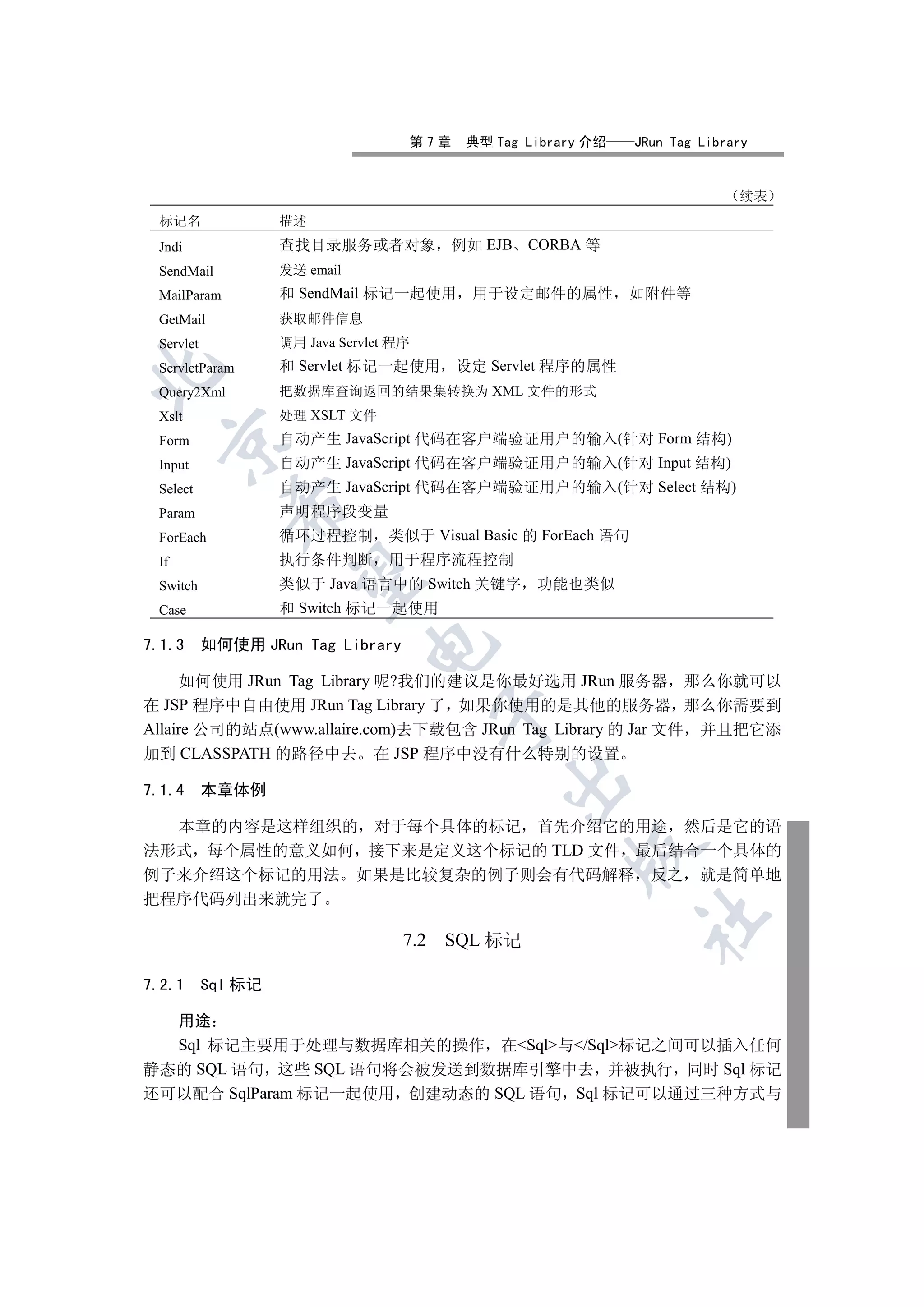 第7章    典型 Tag Library 介绍      JRun Tag Library


                                                                                 续表
 标记名                描述
 Jndi               查找目录服务或者对象             例如 EJB   CORBA 等
 SendMail           发送 email
 MailParam          和 SendMail 标记一起使用        用于设定邮件的属性          如附件等
 GetMail            获取邮件信息
 Servlet            调用 Java Servlet 程序
 ServletParam       和 Servlet 标记一起使用       设定 Servlet 程序的属性


 Query2Xml          把数据库查询返回的结果集转换为 XML 文件的形式
 Xslt               处理 XSLT 文件
                    自动产生 JavaScript 代码在客户端验证用户的输入(针对 Form 结构)
  

 Form
 Input              自动产生 JavaScript 代码在客户端验证用户的输入(针对 Input 结构)
 Select             自动产生 JavaScript 代码在客户端验证用户的输入(针对 Select 结构)
              

 Param              声明程序段变量
 ForEach            循环过程控制         类似于 Visual Basic 的 ForEach 语句
 If                 执行条件判断         用于程序流程控制
               

 Switch             类似于 Java 语言中的 Switch 关键字        功能也类似
 Case               和 Switch 标记一起使用

7.1.3      如何使用 JRun Tag Library
                                


     如何使用 JRun Tag Library 呢?我们的建议是你最好选用 JRun 服务器 那么你就可以
在 JSP 程序中自由使用 JRun Tag Library 了 如果你使用的是其他的服务器 那么你需要到
                                           

Allaire 公司的站点(www.allaire.com)去下载包含 JRun Tag Library 的 Jar 文件 并且把它添
加到 CLASSPATH 的路径中去 在 JSP 程序中没有什么特别的设置
                                                

7.1.4      本章体例

  本章的内容是这样组织的 对于每个具体的标记 首先介绍它的用途 然后是它的语
法形式 每个属性的意义如何 接下来是定义这个标记的 TLD 文件 最后结合一个具体的
                                                         

例子来介绍这个标记的用法 如果是比较复杂的例子则会有代码解释 反之 就是简单地
把程序代码列出来就完了
                                                                   	

                                     7.2   SQL 标记

7.2.1      Sql 标记

  用途
  Sql 标记主要用于处理与数据库相关的操作 在Sql与/Sql标记之间可以插入任何
静态的 SQL 语句 这些 SQL 语句将会被发送到数据库引擎中去 并被执行 同时 Sql 标记
还可以配合 SqlParam 标记一起使用 创建动态的 SQL 语句 Sql 标记可以通过三种方式与
 