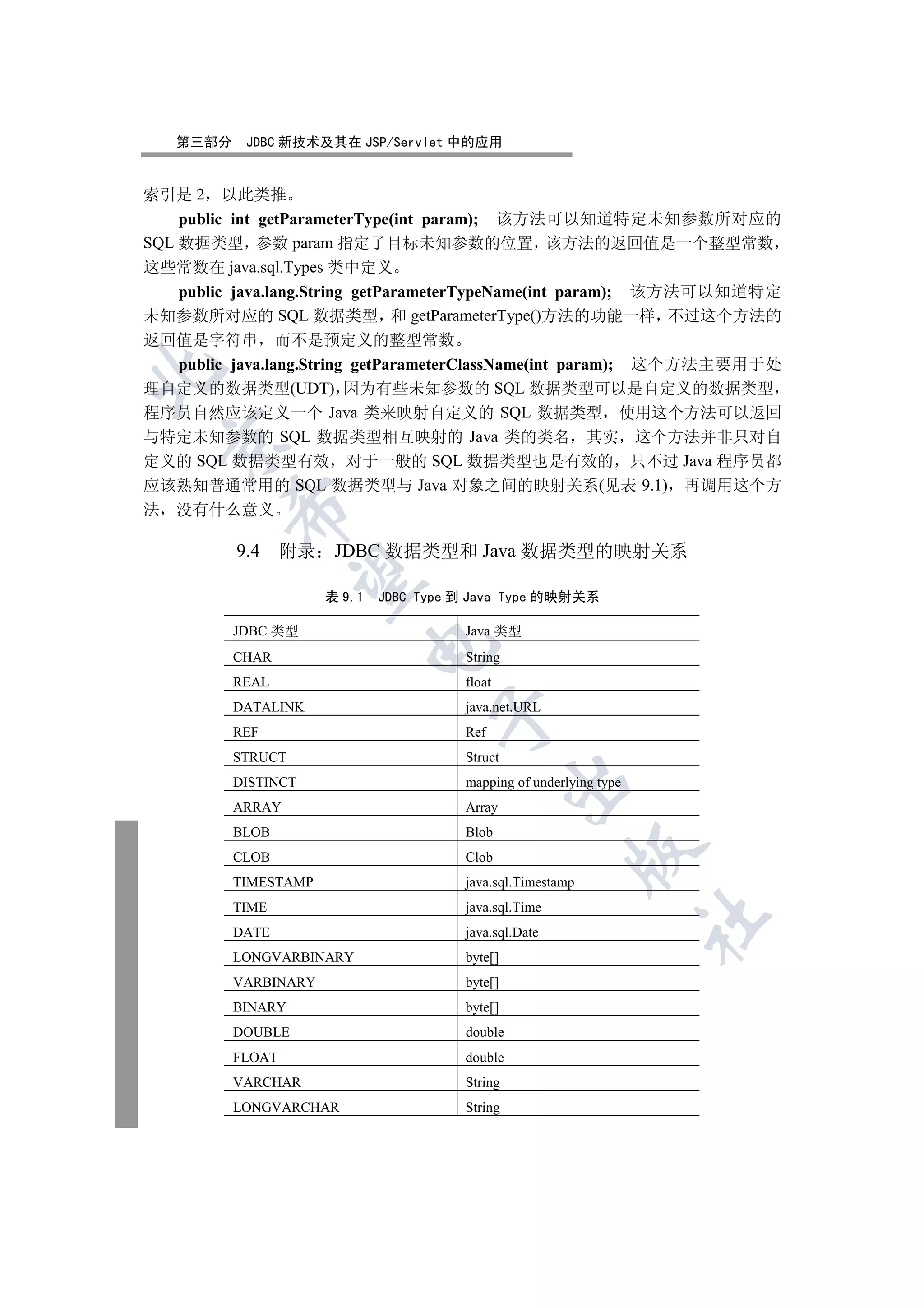 第三部分    JDBC 新技术及其在 JSP/Servlet 中的应用


索引是 2 以此类推
    public int getParameterType(int param); 该方法可以知道特定未知参数所对应的
SQL 数据类型 参数 param 指定了目标未知参数的位置 该方法的返回值是一个整型常数
这些常数在 java.sql.Types 类中定义
    public java.lang.String getParameterTypeName(int param); 该方法可以知道特定
未知参数所对应的 SQL 数据类型 和 getParameterType()方法的功能一样 不过这个方法的
返回值是字符串 而不是预定义的整型常数
    public java.lang.String getParameterClassName(int param); 这个方法主要用于处


理自定义的数据类型(UDT) 因为有些未知参数的 SQL 数据类型可以是自定义的数据类型
程序员自然应该定义一个 Java 类来映射自定义的 SQL 数据类型 使用这个方法可以返回
与特定未知参数的 SQL 数据类型相互映射的 Java 类的类名 其实 这个方法并非只对自
  

定义的 SQL 数据类型有效 对于一般的 SQL 数据类型也是有效的 只不过 Java 程序员都
应该熟知普通常用的 SQL 数据类型与 Java 对象之间的映射关系(见表 9.1) 再调用这个方
         

法 没有什么意义

          9.4     附录    JDBC 数据类型和 Java 数据类型的映射关系
          

                       表 9.1   JDBC Type 到 Java Type 的映射关系

          JDBC 类型                        Java 类型
                               

          CHAR                           String
          REAL                           float
          DATALINK                       java.net.URL
                                      

          REF                            Ref
          STRUCT                         Struct
                                                  

          DISTINCT                       mapping of underlying type
          ARRAY                          Array
          BLOB                           Blob
                                                          

          CLOB                           Clob
          TIMESTAMP                      java.sql.Timestamp
          TIME                           java.sql.Time
                                                                      	

          DATE                           java.sql.Date
          LONGVARBINARY                  byte[]
          VARBINARY                      byte[]
          BINARY                         byte[]
          DOUBLE                         double
          FLOAT                          double
          VARCHAR                        String
          LONGVARCHAR                    String
 