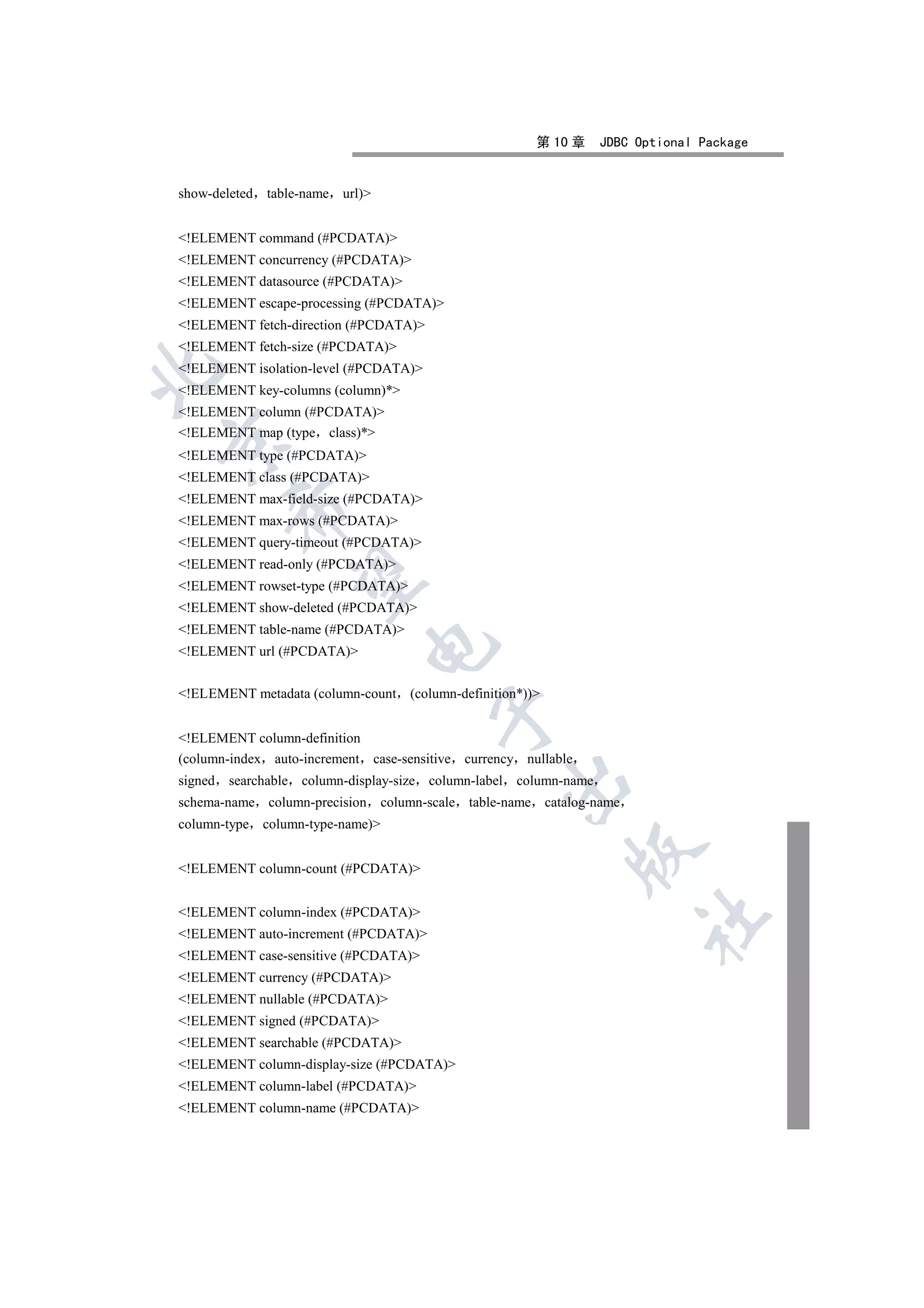 第 10 章     JDBC Optional Package


show-deleted   table-name url)


!ELEMENT command (#PCDATA)
!ELEMENT concurrency (#PCDATA)
!ELEMENT datasource (#PCDATA)
!ELEMENT escape-processing (#PCDATA)
!ELEMENT fetch-direction (#PCDATA)
!ELEMENT fetch-size (#PCDATA)
!ELEMENT isolation-level (#PCDATA)


!ELEMENT key-columns (column)*
!ELEMENT column (#PCDATA)
!ELEMENT map (type class)*


!ELEMENT type (#PCDATA)
!ELEMENT class (#PCDATA)
!ELEMENT max-field-size (#PCDATA)
         

!ELEMENT max-rows (#PCDATA)
!ELEMENT query-timeout (#PCDATA)
!ELEMENT read-only (#PCDATA)
          

!ELEMENT rowset-type (#PCDATA)
!ELEMENT show-deleted (#PCDATA)
!ELEMENT table-name (#PCDATA)
                               

!ELEMENT url (#PCDATA)


!EL EMENT metadata (column-count     (column-definition*))
                                          

!ELEMENT column-definition
(column-index auto-increment case-sensitive currency nullable
signed   searchable column-display-size column-label    column-name
                                                       

schema-name column-precision      column-scale table-name catalog-name
column-type column-type-name)
                                                                

!ELEMENT column-count (#PCDATA)


!ELEMENT column-index (#PCDATA)
                                                                           	

!ELEMENT auto-increment (#PCDATA)
!ELEMENT case-sensitive (#PCDATA)
!ELEMENT currency (#PCDATA)
!ELEMENT nullable (#PCDATA)
!ELEMENT signed (#PCDATA)
!ELEMENT searchable (#PCDATA)
!ELEMENT column-display-size (#PCDATA)
!ELEMENT column-label (#PCDATA)
!ELEMENT column-name (#PCDATA)
 