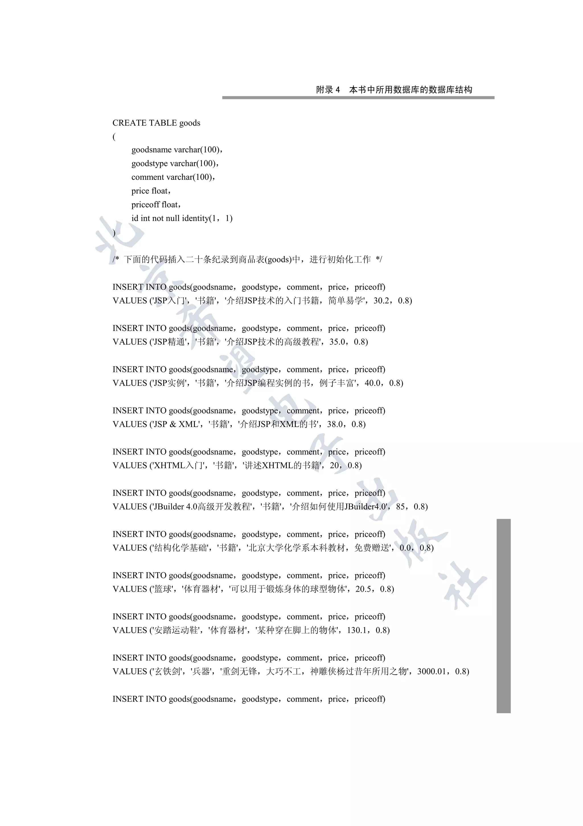 附录 4    本书中所用数据库的数据库结构


CREATE TABLE goods
(
    goodsname varchar(100)
    goodstype varchar(100)
    comment varchar(100)
    price float
    priceoff float
    id int not null identity(1   1)
)



/* 下面的代码插入二十条纪录到商品表(goods)中 进行初始化工作 */


INSERT INTO goods(goodsname goodstype comment   price priceoff)
VALUES ('JSP入门' '书籍' '介绍JSP技术的入门书籍              简单易学' 30.2           0.8)
        

INSERT INTO goods(goodsname goodstype comment   price priceoff)
VALUES ('JSP精通' '书籍' '介绍JSP技术的高级教程' 35.0              0.8)
         

INSERT INTO goods(goodsname goodstype comment   price priceoff)
VALUES ('JSP实例' '书籍' '介绍JSP编程实例的书             例子丰富' 40.0          0.8)
                                  

INSERT INTO goods(goodsname goodstype comment   price priceoff)
VALUES ('JSP  XML' '书籍' '介绍JSP和XML的书' 38.0           0.8)
                                       

INSERT INTO goods(goodsname goodstype comment   price priceoff)
VALUES ('XHTML入门' '书籍' '讲述XHTML的书籍' 20               0.8)


INSERT INTO goods(goodsname goodstype comment   price priceoff)
                                              

VALUES ('JBuilder 4.0高级开发教程' '书籍' '介绍如何使用JBuilder4.0' 85                    0.8)


INSERT INTO goods(goodsname goodstype comment   price priceoff)
                                                        

VALUES ('结构化学基础' '书籍' '北京大学化学系本科教材                    免费赠送' 0.0              0.8)


INSERT INTO goods(goodsname goodstype comment   price priceoff)
                                                                         	

VALUES ('篮球' '体育器材' '可以用于锻炼身体的球型物体' 20.5                      0.8)


INSERT INTO goods(goodsname goodstype comment   price priceoff)
VALUES ('安踏运动鞋' '体育器材' '某种穿在脚上的物体' 130.1                     0.8)


INSERT INTO goods(goodsname goodstype comment   price priceoff)
VALUES ('玄铁剑' '兵器' '重剑无锋              大巧不工   神雕侠杨过昔年所用之物' 3000.01                   0.8)


INSERT INTO goods(goodsname goodstype comment   price priceoff)
 