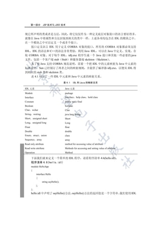 第一部分         JSP 技术与 J2EE 技术


现它所声明的类或者是方法 因此 将它仅仅作为一种定义底层对象接口的语言要好得多
就像在 Java 中将属性和方法封装到相关的类中一样 上述各项均包含在 IDL 的模块之中
在一个模块之中可以定义一个或多个接口
   接口定义语言 IDL 用于定义 CORBA 对象的接口 所有的 CORBA 对象都必须支持
IDL IDL 的语法和 C++的语法非常类似 利用 Java IDL 可以在 Java 中定义 实现 存
取 CORBA 对象 对于每个 IDL idlj.exe 程序生成一个 Java 接口和其他一些必要的.java
文件 包括一个客户端 stub Stub 和服务器端 skeleton Skeleton
   为了使 Java 支持 CORBA 规范说明 需要一个把 IDL 中的元素映射为 Java 中元素的


标准途径 Sun 已经制订了两者之间的映射规则 并提供了编译器 idlj.exe 以便从 IDL 得
到相应的 stub 类和 skeleton 类
   表 4.1 列出了一些 IDL 中元素和 Java 中元素的映射关系
   


                                          表 4.1     IDL 和 Java 的映射关系

IDL 元素                                     Java 元素
                    

Module                                     package
Interface                                  Interface help class hold class
                     

Constant                                   public static final
Boolean                                    boolean
Char     wchar                             Char
                                          

String wstring                             java.lang.String
Short       unsigned short                 Short
Long unsigned long                         Long
                                                       

Float                                      float
Double                                     double
Enum struct         union                  class
                                                                  

Sequence array                             array
Read only attribute                        method for accessing value of attribute
Read write attribute                       Methods for accessing and setting value of attribute
                                                                              

Operation                                  Method

        下面我们就来定义一个简单的 IDL 程序 请看程序清单 4.6(hello.idl)
                                                                                           	

        程序清单 4.6(hello.idl)
        module HelloApp
        {
               interface Hello
               {
                     string sayHello();
               };
        };
        hello.idl 中声明了 sayHello()方法 sayHello()方法的返回值是一个字符串 我们使用 IDL
 
