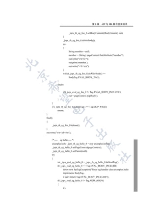 第6章   JSP 与 XML 联合开发技术


                                  _jspx_th_eg_foo_0.setBodyContent((BodyContent) out);
                           }
                           _jspx_th_eg_foo_0.doInitBody();
                           do
                           {
                                  String member = null;
                                  member = (String) pageContext.findAttribute(member);
                                  out.write(rnli);
                                  out.print( member );


                                  out.write(/lirn);
                           }
                           while(_jspx_th_eg_foo_0.doAfterBody() ==


                                  BodyTag.EVAL_BODY_TAG);
                    }
                    finally
    

                    {
                           if (_jspx_eval_eg_foo_0 != Tag.EVAL_BODY_INCLUDE)
                                  out = pageContext.popBody();
     

                    }
          }
          if (_jspx_th_eg_foo_0.doEndTag() == Tag.SKIP_PAGE)
                          

                    return;
    }
    finally
                                           

    {
          _jspx_th_eg_foo_0.release();
    }
                                                     

    out.write(rn/ulrn);


          /* ----       eg:hello ---- */
          examples.hello _jspx_th_eg_hello_0 = new examples.hello();
                                                              

          _jspx_th_eg_hello_0.setPageContext(pageContext);
          _jspx_th_eg_hello_0.setParent(null);
          try
                                                                         	

          {
                    int _jspx_eval_eg_hello_0 = _jspx_th_eg_hello_0.doStartTag();
                    if (_jspx_eval_eg_hello_0 == Tag.EVAL_BODY_INCLUDE)
                           throw new JspTagException(Since tag handler class examples.hello
                           implements BodyTag
                           it can't return Tag.EVAL_BODY_INCLUDE);
                    if (_jspx_eval_eg_hello_0 != Tag.SKIP_BODY)
                    {
                           try
 