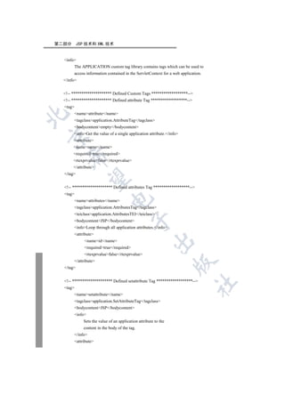 第二部分       JSP 技术和 XML 技术


  info
       The APPLICATION custom tag library contains tags which can be used to
       access information contained in the ServletContext for a web application.
  /info


  !-- ******************** Defined Custom Tags ******************--
  !-- ******************** Defined attribute Tag ******************--
  tag
       nameattribute/name


       tagclassapplication.AttributeTag/tagclass
       bodycontentempty/bodycontent
       infoGet the value of a single application attribute./info


       attribute
       namename/name
       requiredtrue/required
      

       rtexprvaluefalse/rtexprvalue
       /attribute
  /tag
       


  !-- ******************** Defined attributes Tag ******************--
  tag
                               

       nameattributes/name
       tagclassapplication.AttributesTag/tagclass
       teiclassapplication.AttributesTEI/teiclass
                                           

       bodycontentJSP/bodycontent
       infoLoop through all application attributes./info
       attribute
                                                        

              nameid/name
              requiredtrue/required
              rtexprvaluefalse/rtexprvalue
       /attribute
                                                                   

  /tag


  !-- ******************** Defined setattribute Tag ******************--
                                                                              	

  tag
       namesetattribute/name
       tagclassapplication.SetAttributeTag/tagclass
       bodycontentJSP/bodycontent
       info
             Sets the value of an application attribute to the
             content in the body of the tag.
       /info
       attribute
 