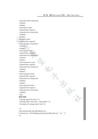 第7章     典型 Tag Library 介绍           JRun Tag Library


rtexprvaluefalse/rtexprvalue
/attribute
attribute
namedriver/name
requiredfalse/required
rtexprvaluetrue/rtexprvalue
/attribute
attribute
nameurl/name


requiredfalse/required
rtexprvaluetrue/rtexprvalue
/attribute


attribute
namedatasrc/name
requiredfalse/required
         

rtexprvaluetrue/rtexprvalue
/attribute
attribute
          

nameconnection/name
requiredfalse/required
rtexprvaluetrue/rtexprvalue
                                   

/attribute
attribute
nameusername/name
                                             

requiredfalse/required
rtexprvaluetrue/rtexprvalue
/attribute
                                                    

attribute
namepassword/name
requiredfalse/required
rtexprvaluetrue/rtexprvalue
                                                               

/attribute
/tag
用法示例
                                                                          	

%@ page import=java.sql.*” %
%@ page import=”javax.sql.* allaire.taglib.* %
%@ taglib uri=jruntags prefix=jrun %


%
Class.forName(jdbc.odbc.JdbcOdbcDriver);
Connection con = DriverManager.getConnection(jdbc:odbc:test ”sa” ””);
%
 