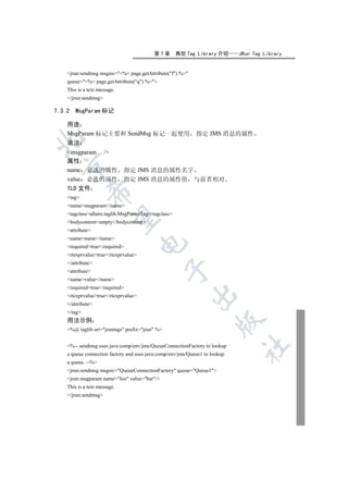 第7章         典型 Tag Library 介绍      JRun Tag Library


    jrun:sendmsg msgsrc=%= page.getAttribute(f) %
    queue=%= page.getAttribute(q) %
    This is a text message.
    /jrun:sendmsg

7.3.2   MsgParam 标记

    用途
    MsgParam 标记主要和 SendMsg 标记一起使用                            指定 JMS 消息的属性


    语法
    msgparam ... /
    属性
  

    name 必选的属性                指定 JMS 消息的属性名字
    value 必选的属性               指定 JMS 消息的属性值 与前者相对
    TLD 文件
             

    tag
    namemsgparam/name
    tagclassallaire.taglib.MsgParamTag/tagclass
              

    bodycontentempty/bodycontent
    attribute
    namename/name
                                      

    requiredtrue/required
    rtexprvaluetrue/rtexprvalue
    /attribute
                                                 

    attribute
    namevalue/name
    requiredtrue/required
                                                           

    rtexprvaluetrue/rtexprvalue
    /attribute
    /tag
    用法示例
                                                                      

    %@ taglib uri=jruntags prefix=jrun %


    %-- sendmsg uses java:comp/env/jms/QueueConnectionFactory to lookup
                                                                             	

    a queue connection factory and uses java:comp/env/jms/Queue1 to lookup
    a queue. --%
    jrun:sendmsg msgsrc=QueueConnectionFactory queue=Queue1
    jrun:msgparam name=foo value=bar/
    This is a text message.
    /jrun:sendmsg
 