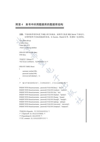 附录 4 本书中所用数据库的数据库结构


 注意 下面的程序使用的是 T-SQL 语言的语法 该程序只能在 SQL Server 下面运行
    如果希望用于其他的数据库系统 如 Access Oracle 8i 等 需要做一定的修改


 --File Name:db.sql
 --Author:fancy
 --Date:2001.2.12


 --Note:to create the database


 CREATE DATABASE fancy
 USE fancy
          


 /*创建用户表tbuser */
 /*id字段是自动增加的               每次增加数目为1 */
           


 CREATE TABLE tbuser
 (
                                    

      username varchar(100)
      password varchar(100)
      id int not null identity(1   1)
                                         

 )


 /*   输入9个缺省的网站用户 只有网站的用户                       才可以完成购物过程 */
                                                    

 INSERT INTO tbuser(username password) VALUES('fancy' 'fancy')
 INSERT INTO tbuser(username password) VALUES ('rainbow' 'rainbow')
                                                               

 INSERT INTO tbuser(username password) VALUES ('lea' 'lea')
 INSERT INTO tbuser(username password) VALUES ('lijishan' 'lijishan')
 INSERT INTO tbuser(username password) VALUES ('huang' 'huang')
 INSERT INTO tbuser(username password) VALUES ('huangli' 'huangli')
                                                                            	

 INSERT INTO tbuser(username password) VALUES ('peking' 'peking')
 INSERT INTO tbuser(username password) VALUES ('university' 'university')
 INSERT INTO tbuser(username password) VALUES ('tempuser' 'tempuser')


 /*创建商品表(goods)           用于保存商品的信息 */
 /* 字段priceoff 表示商品打折的幅度 */
 /*字段goodstype表示商品的类型 */
 /*字段 comment 表示对商品的简单介绍 */
 