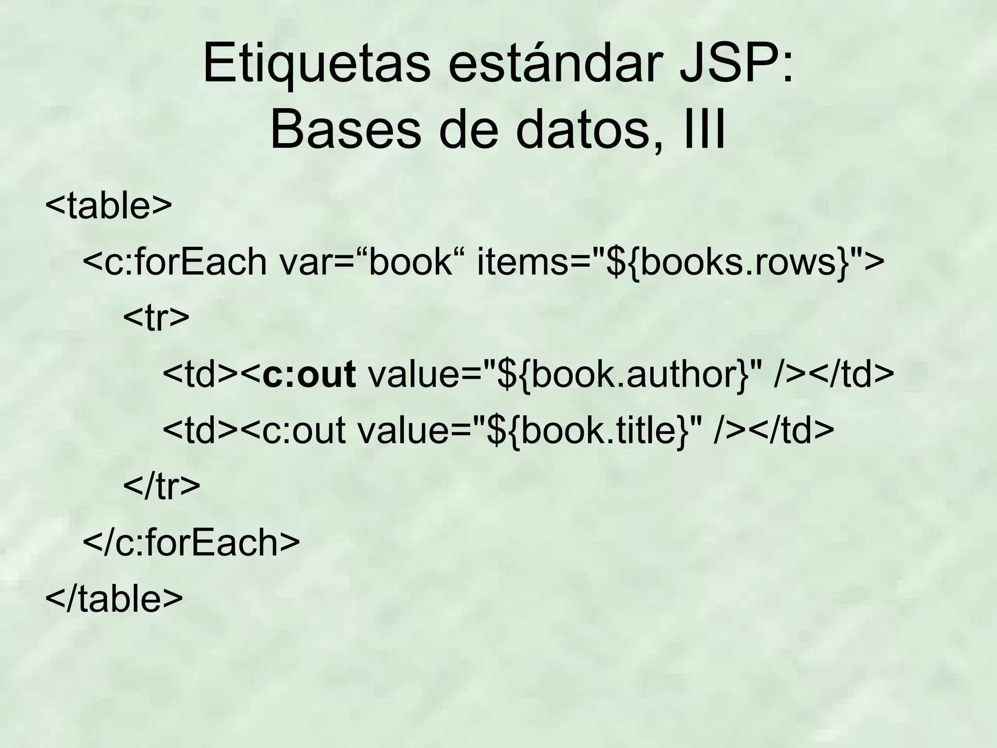 Etiquetas estándar JSP: Bases de datos, III <table> <c:forEach var=“book“ items=&quot;${books.rows}&quot;> <tr> <td>< c:out  value=&quot;${book.author}&quot; /></td> <td><c:out value=&quot;${book.title}&quot; /></td> </tr> </c:forEach> </table> 