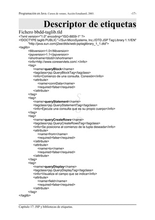 Programación en Java. Cursos de verano, Acción Estudiantil, 2003.           -17-



                     Descriptor de etiquetas
Fichero bbdd-taglib.tld
<?xml version="1.0" encoding="ISO-8859-1" ?>
<!DOCTYPE taglib PUBLIC "-//Sun MicroSystems, Inc.//DTD JSP Tag Library 1.1//EN"
        "http://java.sun.com/j2ee/dtds/web-jsptaglibrary_1_1.dtd">
<taglib>
        <tlibversion>1.0</tlibversion>
        <jspversion>1.1</jspversion>
        <shortname>bbdd</shortname>
        <info>http://www.coreservlets.com/.</info>
        <tag>
             <name>queryBlock</name>
             <tagclass>jsp.QueryBlockTag</tagclass>
             <info>Comienzo de una consulta. Conexión</info>
             <attribute>
                 <name>connData</name>
                 <required>false</required>
             </attribute>

                                               S
        </tag>
        <tag>
             <name>queryStatement</name>
             <tagclass>jsp.QueryStatementTag</tagclass>

        </tag>
        <tag>
                                               G
             <info>Ejecuta una consulta que es su propio cuerpo</info>


             <name>queryCreateRows</name>
                                               R
             <tagclass>jsp.QueryCreateRowsTag</tagclass>
             <info>Se posiciona al comienzo de la tupla deseada</info>
             <attribute>
                 <name>from</name>
                 <required>false</required>
             </attribute>
             <attribute>
                 <name>to</name>
                 <required>false</required>
             </attribute>
        </tag>
        <tag>
             <name>queryDisplay</name>
             <tagclass>jsp.QueryDisplayTag</tagclass>
             <info>Visualiza el campo que se indica</info>
             <attribute>
                 <name>field</name>
                 <required>false</required>
             </attribute>
        </tag>
</taglib>


Capítulo 17: JSP y bibliotecas de etiquetas.
 