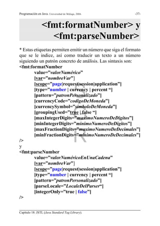 Programación en Java. Universidad de Málaga, 2006.          -37-



                 <fmt:formatNumber> y
                   <fmt:parseNumber>
* Estas etiquetas permiten emitir un número que siga el formato
que se le indice, así como traducir un texto a un número
siguiendo un patrón concreto de análisis. Las sintaxis son:
<fmt:formatNumber
        value=”valorNumérico”
        [var=”nombreVar”]
        [scope=”page|request|session|application”]

        [pattern=”patronPersonalizado”]
        [currencyCode=”codigoDeMoneda”]
                                          S
        [type=”number | currency | percent “]


        [currencySymbol=”simboloDeMoneda”]
        [groupingUsed=”true | false “]
                                          G
        [maxIntegerDigits=”maximoNumeroDeDigitos”]
        [minIntegerDigits=”minimoNumeroDeDigitos”]
        [maxFractionDigits=”maximoNumeroDeDecimales”]

/>
y
                                          R
        [minFractionDigits=”minimoNumeroDeDecimales”]


<fmt:parseNumber
        value=”valorNuméricoEnUnaCadena”
        [var=”nombreVar”]
        [scope=”page|request|session|application”]
        [type=”number | currency | percent “]
        [pattern=”patronPersonalizado”]
        [parseLocale=”LocaleDelParser“]
        [integerOnly=”true | false”]
/>


Capítulo 18: JSTL (Java Standard Tag Library).
 