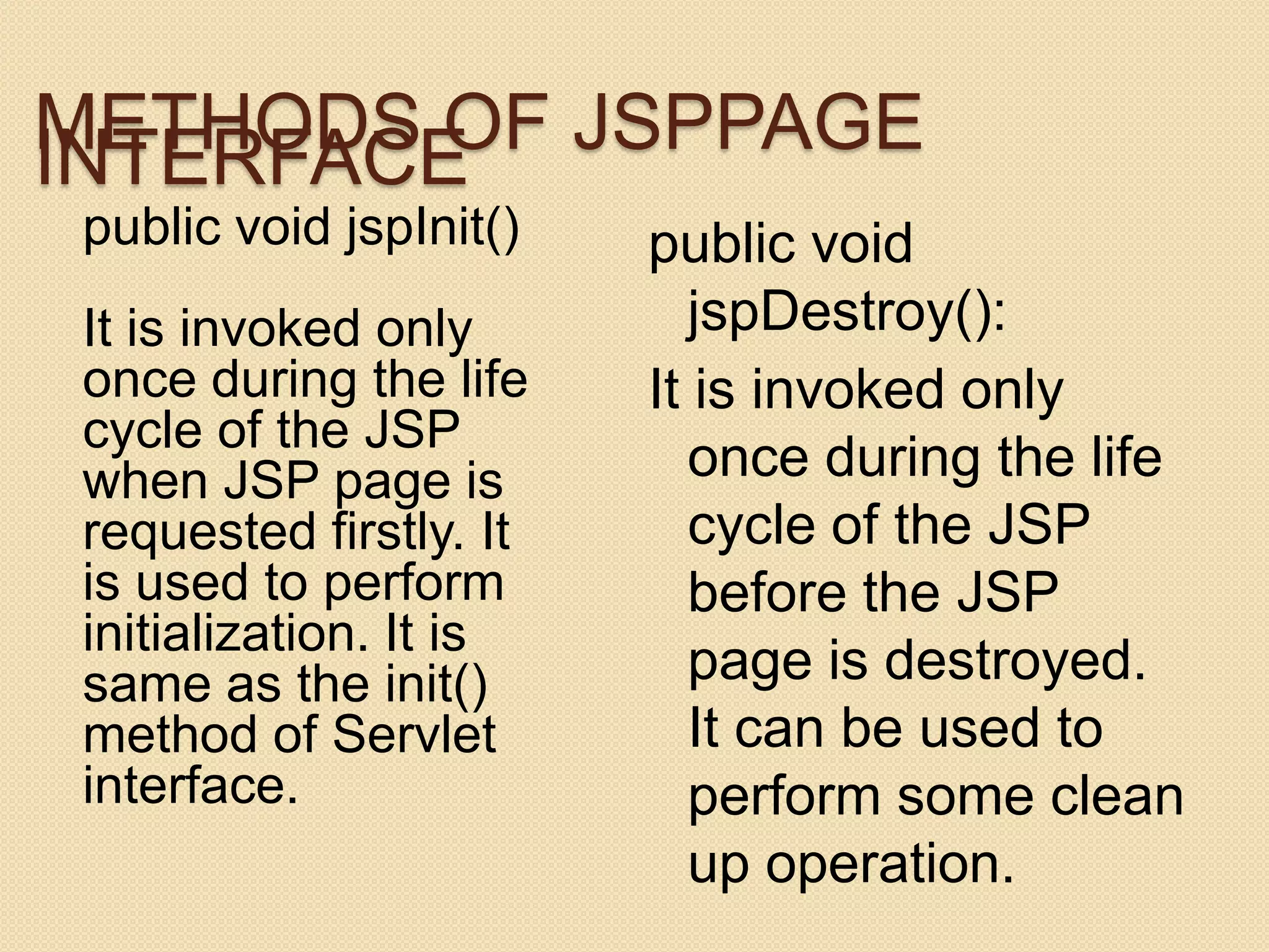 METHODS OF JSPPAGE INTERFACE public void jspInit() It is invoked only once during the life cycle of the JSP when JSP page is requested firstly. It is used to perform initialization. It is same as the init() method of Servlet interface. public void jspDestroy(): It is invoked only once during the life cycle of the JSP before the JSP page is destroyed. It can be used to perform some clean up operation. 