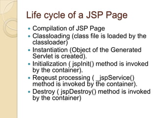 Life cycle of a JSP Page







Compilation of JSP Page
Classloading (class file is loaded by the
classloader)
Instantiation (Object of the Generated
Servlet is created).
Initialization ( jspInit() method is invoked
by the container).
Reqeust processing ( _jspService()
method is invoked by the container).
Destroy ( jspDestroy() method is invoked
by the container)

 
