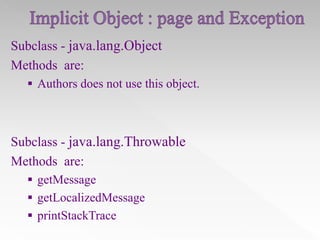 Subclass - java.lang.Object
Methods are:
 Authors does not use this object.

Subclass - java.lang.Throwable
Methods are:
 getMessage
 getLocalizedMessage
 printStackTrace

 