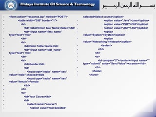 • <form action="response.jsp" method="POST">
• <table width="350" border="1">
• <tr>
• <td><label>Enter Your Name</label></td>
• <td><input name="first_name"
type="text"></td>
• </tr>
• <tr>
• <td>Enter Father Name</td>
• <td><input name="last_name"
type="text"></td>
• </tr>
• <tr>
• <td>Gender</td>
• <td>
• <input type="radio" name="sex"
value="male" checked>Male
• <input type="radio" name="sex"
value="female">Female
• </td>
• </tr>
• <tr>
• <td>Your Course</td>
• <td>
• <select name="course">
• <option value="Not Selected"
selected>Select course</option>
• <option value="Java">Java</option>
• <option value="PHP">PHP</option>
• <option value="ASP">ASP</option>
• <option
value="System">System</option>
• <option
value="Networking">Network</option>
• </select>
• </td>
• </tr>
• <tr>
• <td colspan="2"><center><input name=""
type="submit" value="Send Value"></center></td>
• </tr>
• </table>
• </form>
 