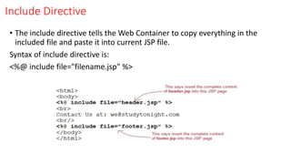 Include Directive
• The include directive tells the Web Container to copy everything in the
included file and paste it into current JSP file.
Syntax of include directive is:
<%@ include file="filename.jsp" %>
 