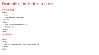 Example of include directive
welcome.jsp
<html>
<head>
<title>Welcome Page</title>
</head>
<body>
<%@ include file="header.jsp" %>
Welcome, User
</body>
</html>
header.jsp
<html>
<body>
<img src="header.jpg" alt="This is Header image" / >
</body>
</html>
 