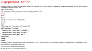 <jsp:param> Action
This action is useful for passing the parameters to Other JSP action tags such as JSP include & JSP forward tag. This way new JSP pages can have access to those
parameters using request object itself.
Syntax of <jsp:param>:
<jsp: param name="param_name_here" value="value_of_parameter_here"
first.jsp
<html>
<head>
<title>Demo of JSP Param Action Tag</title>
</head>
<body>
<h3>JSP page: Demo Param along with forward</h3>
<jsp:forward page="second.jsp">
<jsp:param name ="date" value="20-05-2012" />
<jsp:param name ="time" value="10:15AM" />
<jsp:param name ="data" value="ABC" />
</jsp:forward>
</body>
</html>
In the above example first.jsp is passing three parameters (data, time & data) to second.jsp and second.jsp can access these parameters using the below code –
Date:<%= request.getParameter("date") %>
Time:<%= request.getParameter("time") %>
My Data:<%= request.getParameter("data") %>
 