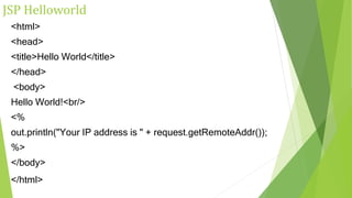 JSP Helloworld
<html>
<head>
<title>Hello World</title>
</head>
<body>
Hello World!<br/>
<%
out.println("Your IP address is " + request.getRemoteAddr());
%>
</body>
</html>
 