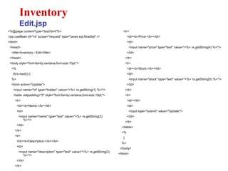 <%@page contentType="text/html"%>
<jsp:useBean id="rs" scope="request" type="javax.sql.RowSet" />
<html>
<head>
<title>Inventory - Edit</title>
</head>
<body style="font-family:verdana;font-size:10pt;">
<%
if(rs.next()) {
%>
<form action="Update">
<input name="id" type="hidden" value="<%= rs.getString(1) %>"/>
<table cellpadding="5" style="font-family:verdana;font-size:10pt;">
<tr>
<td><b>Name:</b></td>
<td>
<input name="name" type="text" value="<%= rs.getString(2)
%>"/>
</td>
</tr>
<tr>
<td><b>Description:</b></td>
<td>
<input name="description" type="text" value="<%= rs.getString(3)
%>"/>
</td>
</tr>
Inventory
Edit.jsp
<tr>
<td><b>Price:</b></td>
<td>
<input name="price" type="text" value="<%= rs.getString(4) %>"/>
</td>
</tr>
<tr>
<td><b>Stock:</b></td>
<td>
<input name="stock" type="text" value="<%= rs.getString(5) %>"/>
</td>
</tr>
<tr>
<td></td>
<td>
<input type="submit" value="Update"/>
</td>
</tr>
</table>
<%
}
%>
</body>
</html>
 