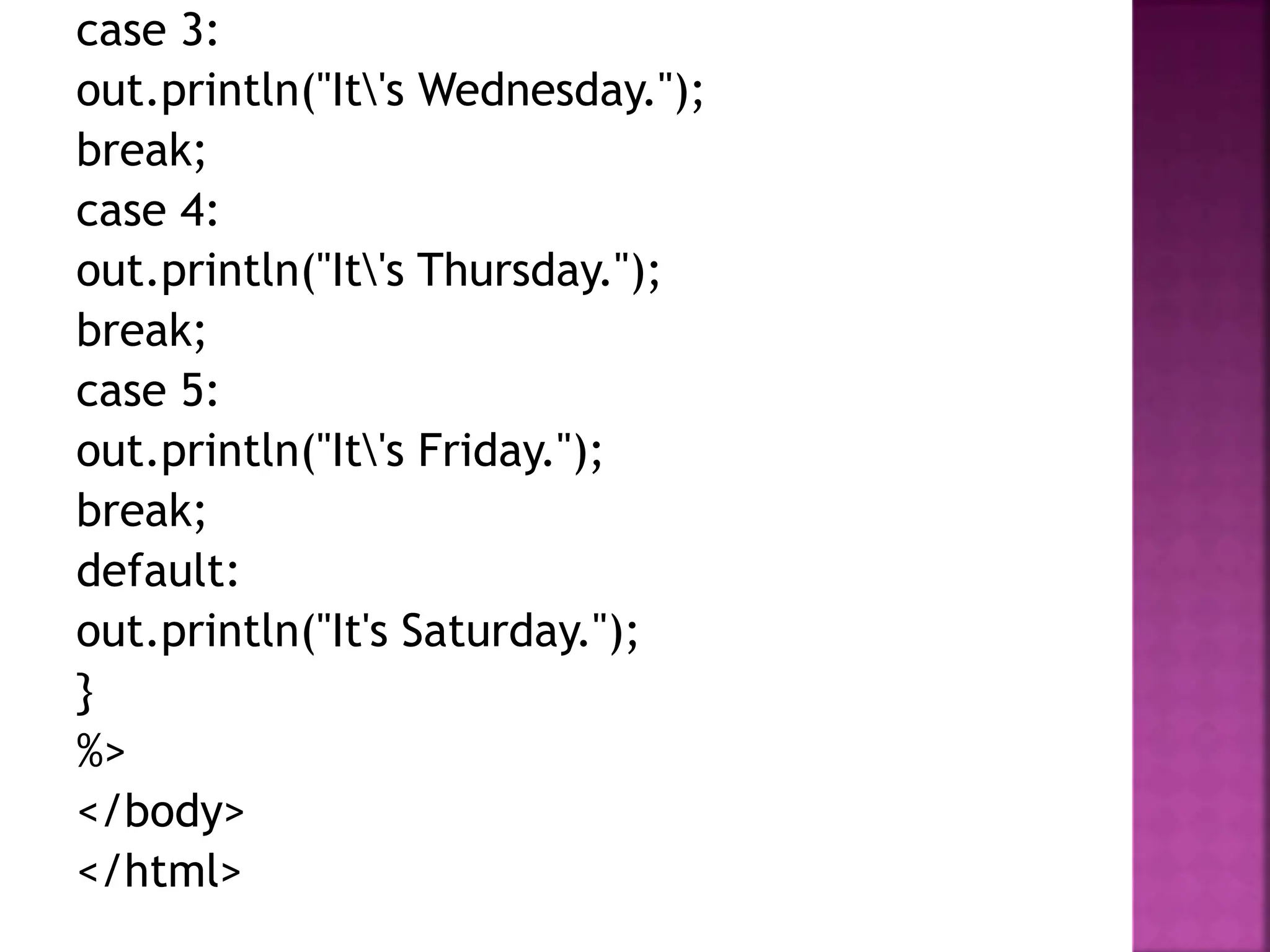 case 3:
out.println("It's Wednesday.");
break;
case 4:
out.println("It's Thursday.");
break;
case 5:
out.println("It's Friday.");
break;
default:
out.println("It's Saturday.");
}
%>
</body>
</html>
 
