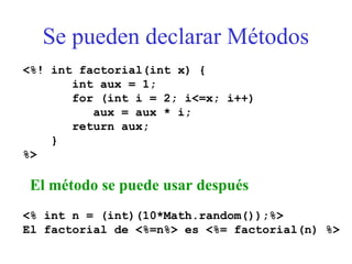 Se pueden declarar Métodos
<%! int factorial(int x) {
int aux = 1;
for (int i = 2; i<=x; i++)
aux = aux * i;
return aux;
}
%>
El método se puede usar después
<% int n = (int)(10*Math.random());%>
El factorial de <%=n%> es <%= factorial(n) %>
 