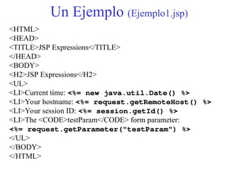 Un Ejemplo (Ejemplo1.jsp)
<HTML>
<HEAD>
<TITLE>JSP Expressions</TITLE>
</HEAD>
<BODY>
<H2>JSP Expressions</H2>
<UL>
<LI>Current time: <%= new java.util.Date() %>
<LI>Your hostname: <%= request.getRemoteHost() %>
<LI>Your session ID: <%= session.getId() %>
<LI>The <CODE>testParam</CODE> form parameter:
<%= request.getParameter("testParam") %>
</UL>
</BODY>
</HTML>
 