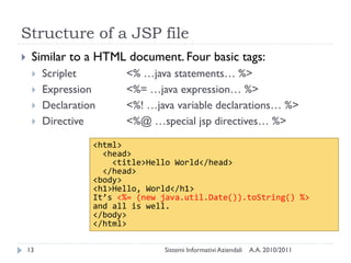 Structure of a JSP file
    Similar to a HTML document. Four basic tags:
        Scriplet        <% …java statements… %>
        Expression      <%= …java expression… %>
        Declaration     <%! …java variable declarations… %>
        Directive       <%@ …special jsp directives… %>

                   <html>
                     <head>
                       <title>Hello World</head>
                     </head>
                   <body>
                   <h1>Hello, World</h1>
                   It’s <%= (new java.util.Date()).toString() %>
                   and all is well.
                   </body>
                   </html>

    13                           Sistemi Informativi Aziendali   A.A. 2010/2011
 