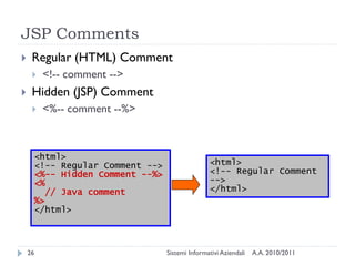 JSP Comments
    Regular (HTML) Comment
        <!-- comment -->
    Hidden (JSP) Comment
        <%-- comment --%>



     <html>
     <!-- Regular Comment -->                  <html>
     <%-- Hidden Comment --%>                  <!-- Regular Comment
     <%                                        -->
        // Java comment                        </html>
     %>
     </html>



    26                          Sistemi Informativi Aziendali   A.A. 2010/2011
 