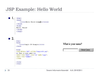 JSP Example: Hello World
    1.




    2.




33               Sistemi Informativi Aziendali   A.A. 2010/2011
 
