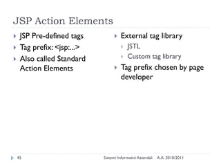 JSP Action Elements
    JSP Pre-defined tags             External tag library
    Tag prefix: <jsp:...>                JSTL
    Also called Standard                 Custom tag library
     Action Elements                  Tag prefix chosen by page
                                       developer




    45                       Sistemi Informativi Aziendali   A.A. 2010/2011
 