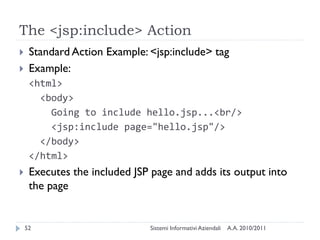 The <jsp:include> Action
    Standard Action Example: <jsp:include> tag
    Example:
     <html>
       <body>
         Going to include hello.jsp...<br/>
         <jsp:include page="hello.jsp"/>
       </body>
     </html>
    Executes the included JSP page and adds its output into
     the page


    52                        Sistemi Informativi Aziendali   A.A. 2010/2011
 