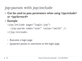 jsp:param with jsp:include
    Can be used to pass parameters when using <jsp:include>
     or <jsp:forward>
    Example
     <jsp:include page="login.jsp">
       <jsp:param name="user" value="smith" />
     </jsp:include>


        Executes a login page
        jsp:param passes in username to the login page




    54                             Sistemi Informativi Aziendali   A.A. 2010/2011
 