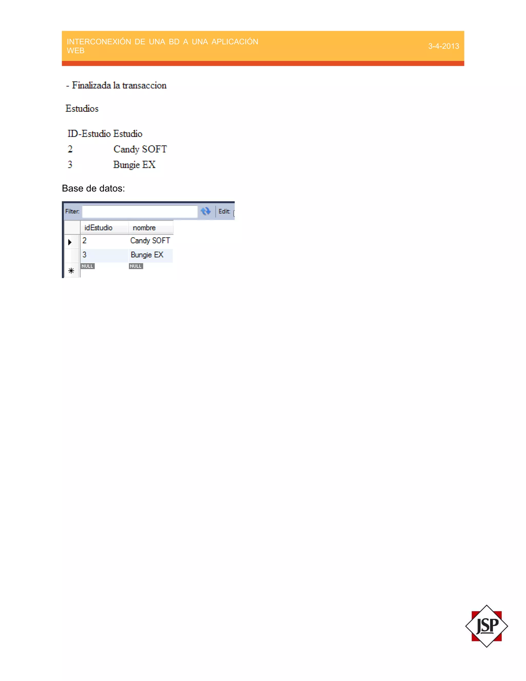 INTERCONEXIÓN DE UNA BD A UNA APLICACIÓN
WEB
3-4-2013
Base de datos:
 