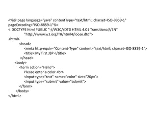 <%@ page language="java" contentType="text/html; charset=ISO-8859-1"
pageEncoding="ISO-8859-1"%>
<!DOCTYPE html PUBLIC "-//W3C//DTD HTML 4.01 Transitional//EN"
"http://www.w3.org/TR/html4/loose.dtd">
<html>
<head>
<meta http-equiv="Content-Type" content="text/html; charset=ISO-8859-1">
<title> My first JSP </title>
</head>
<body>
<form action="Hello">
Please enter a color <br>
<input type="text" name="color" size="20px">
<input type="submit" value="submit">
</form>
</body>
</html>
 