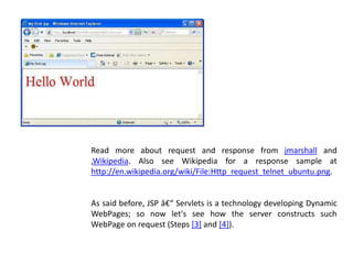 Read more about request and response from jmarshall and
,Wikipedia. Also see Wikipedia for a response sample at
http://en.wikipedia.org/wiki/File:Http_request_telnet_ubuntu.png.
As said before, JSP â€“ Servlets is a technology developing Dynamic
WebPages; so now let's see how the server constructs such
WebPage on request (Steps [3] and [4]).
 
