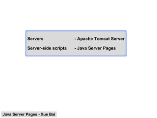 Servers - Apache Tomcat Server Server-side scripts - Java Server Pages Java Server Pages - Xue Bai 