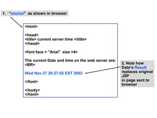 1. "source" as shown in browser


          <html>

          <head>
          <title> current server time </title>
          </head>

          <font face = "Arial" size =4>

          The current Date and time on the web server are:
          <BR>                                               2. Note how
                                                             Date’s Result
          Wed Nov 27 20:27:02 EST 2002                       replaces original
                                                             JSP
          </font>                                            in page sent to
                                                             browser
          </body>
          </html>
 