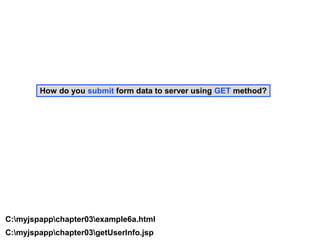 How do you submit form data to server using GET method?




C:myjspappchapter03example6a.html
C:myjspappchapter03getUserInfo.jsp
 
