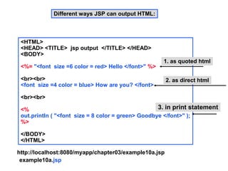 Different ways JSP can output HTML:



 <HTML>
 <HEAD> <TITLE> jsp output </TITLE> </HEAD>
 <BODY>
                                                     1. as quoted html
 <%= "<font size =6 color = red> Hello </font>" %>

 <br><br>                                              2. as direct html
 <font size =4 color = blue> How are you? </font>

 <br><br>

 <%                                                 3. in print statement
 out.println ( "<font size = 8 color = green> Goodbye </font>" );
 %>

 </BODY>
 </HTML>

http://localhost:8080/myapp/chapter03/example10a.jsp
 example10a.jsp
 