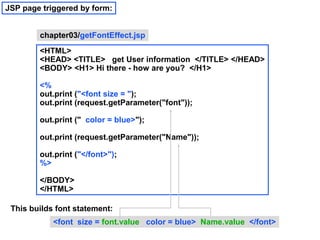 JSP page triggered by form:


        chapter03/getFontEffect.jsp
        <HTML>
        <HEAD> <TITLE> get User information </TITLE> </HEAD>
        <BODY> <H1> Hi there - how are you? </H1>

        <%
        out.print ("<font size = ");
        out.print (request.getParameter("font"));

        out.print (" color = blue>");

        out.print (request.getParameter("Name"));

        out.print ("</font>");
        %>

        </BODY>
        </HTML>

 This builds font statement:
            <font size = font.value color = blue> Name.value </font>
 