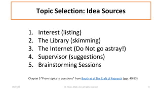 Topic Selection: Idea Sources 
1. Interest (listing) 
2. The Library (skimming) 
3. The Internet (Do Not go astray!) 
4. Supervisor (suggestions) 
5. Brainstorming Sessions 
Chapter 3 "From topics to questions" from Booth et al The Craft of Research (pgs. 40-53) 
09/13/14 Dr. Noora Malki, al (c) all rights reserved 15 
 