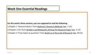 Week One Essential Readings 
For this week's three sessions, you are supposed to read the following: 
1.Chapter 1 "Research Basics" from Walliman's Research Methods (pgs. 7-14) 
2.Chapters 1 & 2 from Winkler's and Metherell's Writing The Research Paper (pgs. 3-17) 
3.Chapter 3 "From topics to questions" from Booth et al The Craft of Research (pgs. 40-53) 
09/13/14 Dr. Noora Malki, al (c) all rights reserved 19 
 